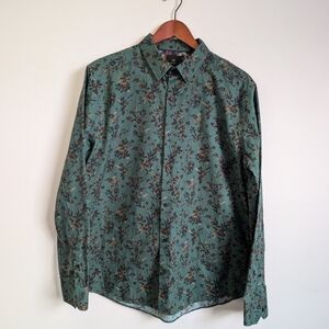 Next Floral Cocktail Button Down Shirt Mens Large Green Slim Flowers Collared